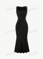 Square Neck Pleated Sleeveless Dress